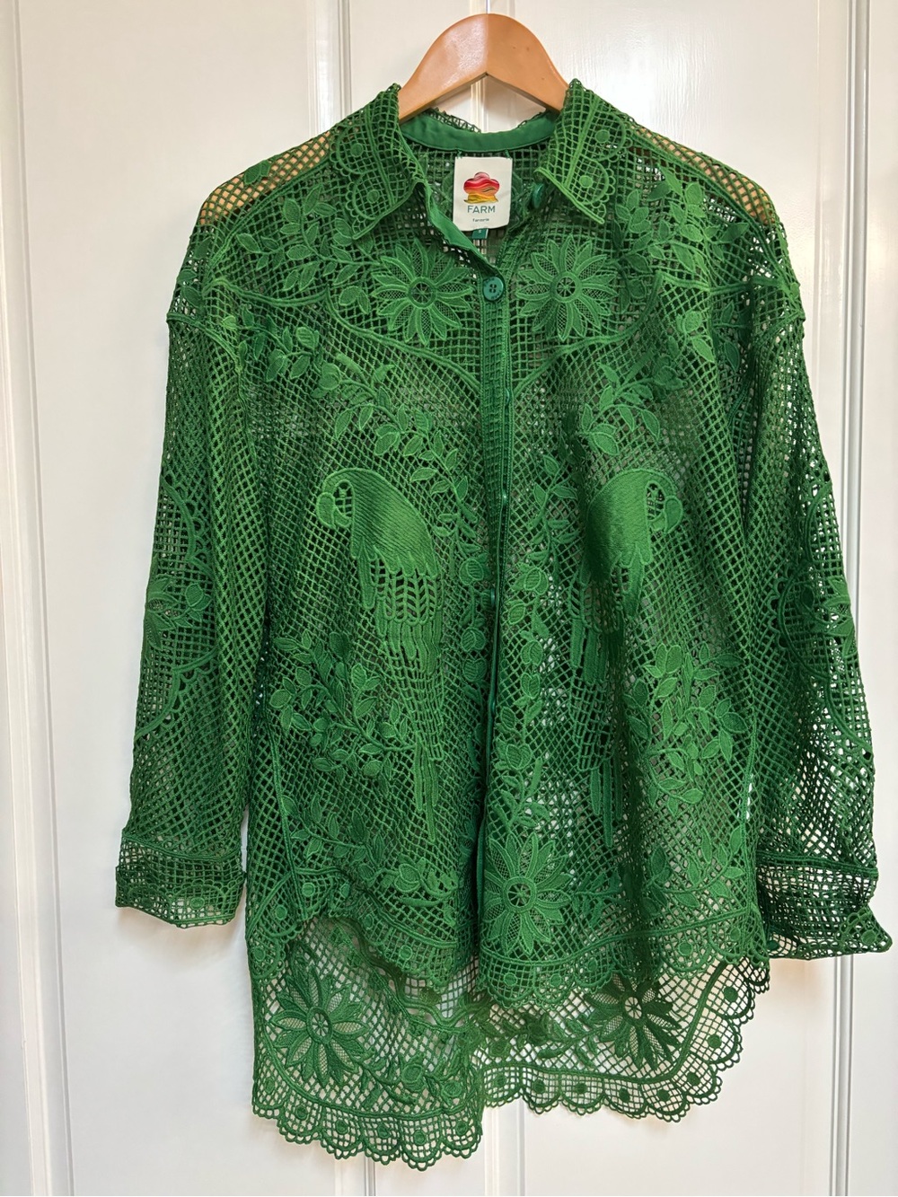 Farm Rio Green Landscape Guipure Blouse / Button Up Shirt size Small